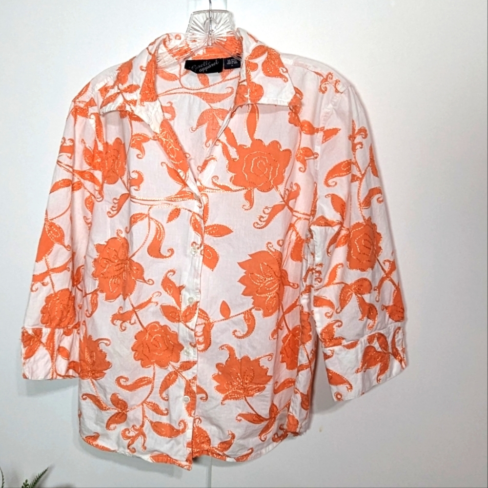 Floral Orange and White Button down Shirt Size L